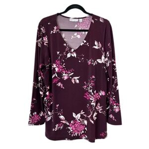 Susan Graver Liquid Knit Purple Floral Long Sleeves V-neck Tunic Top Size 3x